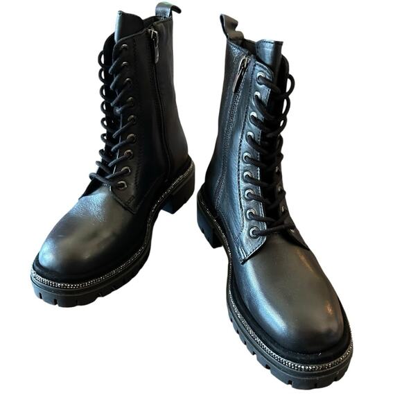 Aqua Aria Leather Combat Boots Rhinestone Trim Lace Up NEW Size 5 - Picture 4 of 11